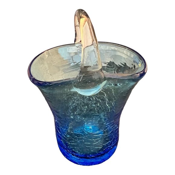 Unknown Other - Art Glass Blue Crackled Glass Basket Vase Flower Pot With Handle Hand Blown 3.5"